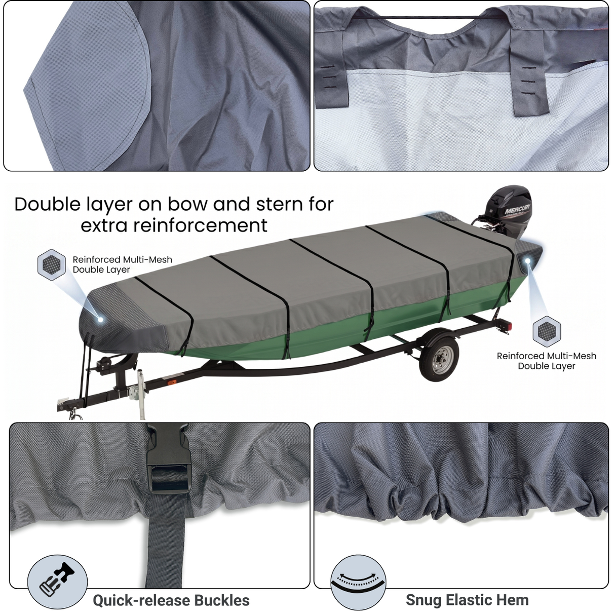 Gray boat cover with features highlighted on a trailer, showing reinforcement details and quick-release buckles.
