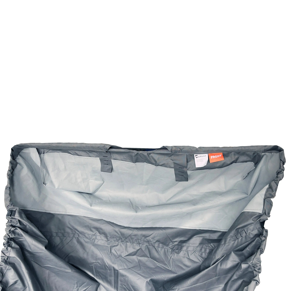 Close-up view of the interior and underside of a gray heavy-duty SavvyCraft Jon boat cover, highlighting the reinforced seams, elastic hem, and integrated strap buckles designed for a secure fit.