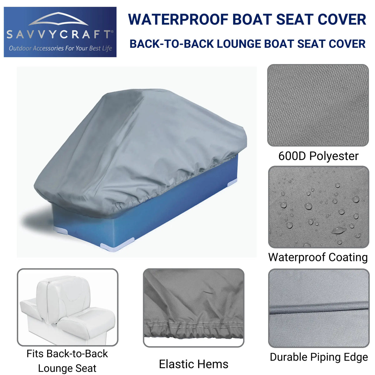 SavvyCraft® waterproof back-to-back boat seat cover made from 600D polyester with waterproof coating, elastic hems, and durable piping edge for marine seat protection