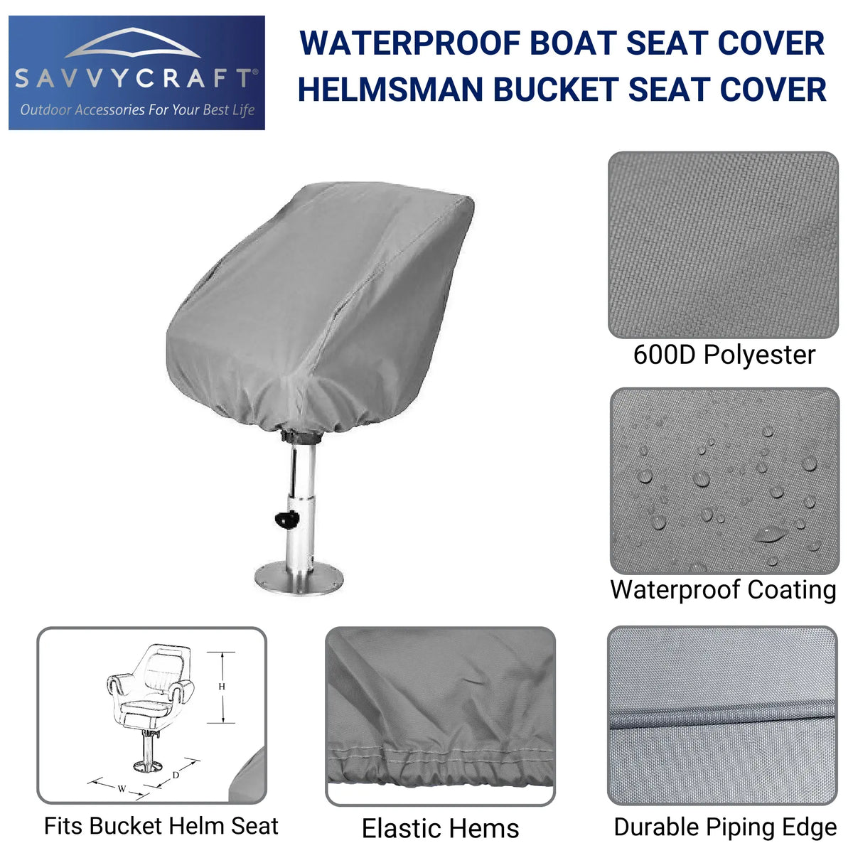 SavvyCraft® waterproof helmsman bucket seat cover made from 600D polyester with waterproof coating, elastic hems, and durable piping edge for marine seat protection