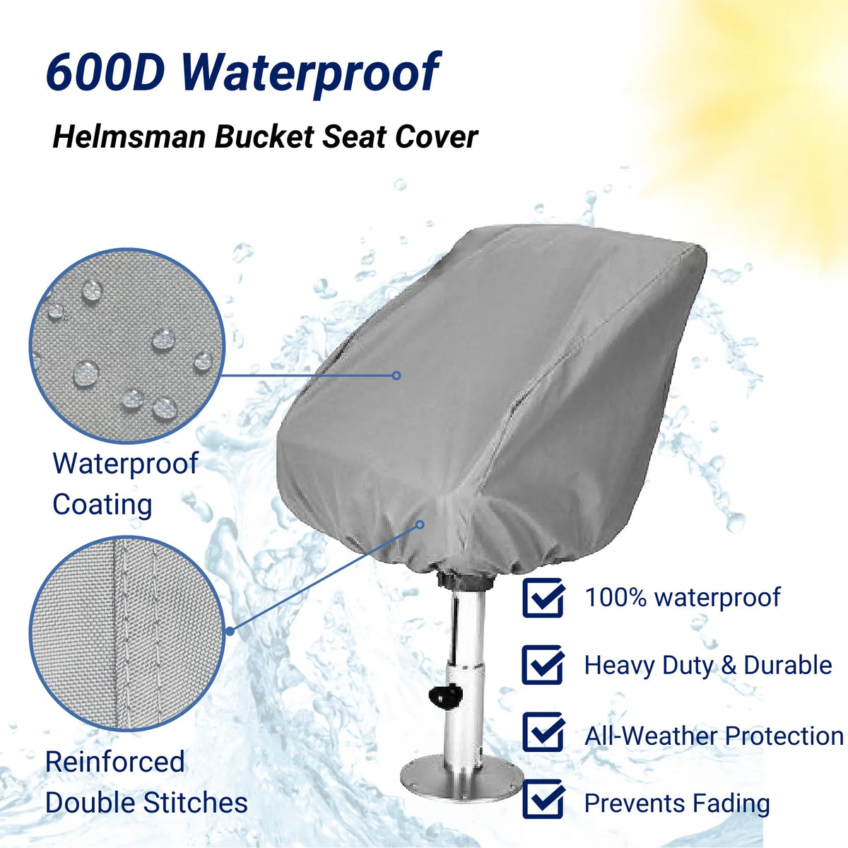 SavvyCraft heavy-duty helmsman bucket seat cover featuring 100% waterproof 600D fabric, reinforced seams for durability, and UV protection to prevent fading