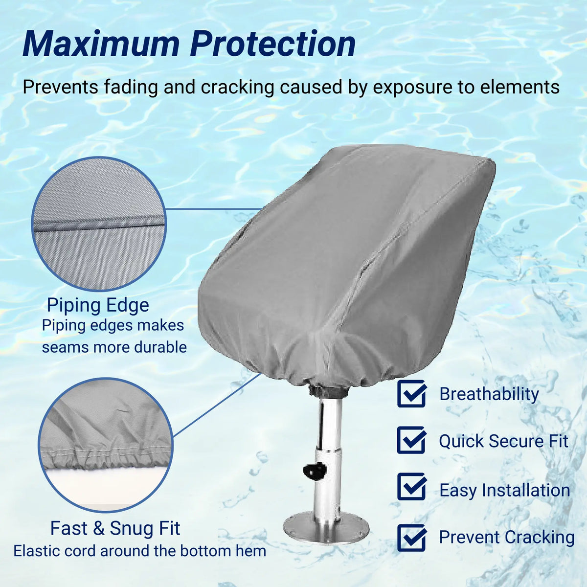 SavvyCraft® waterproof helmsman bucket seat cover made from 600D polyester with waterproof coating, elastic hems, and durable piping edge for marine seat protection, easy installation