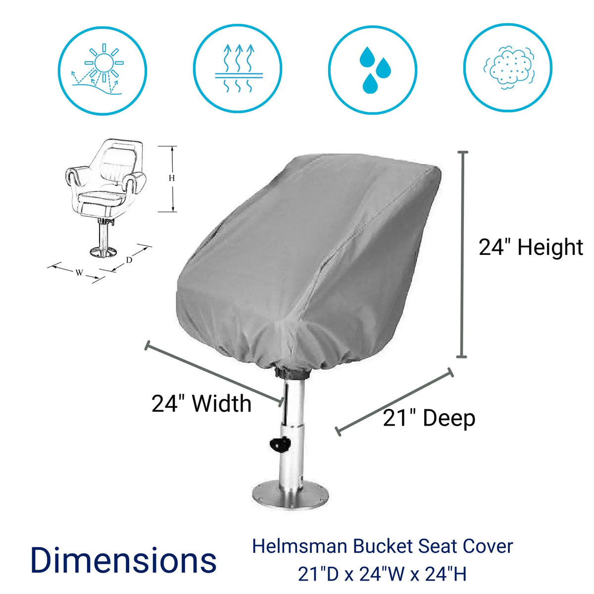 SavvyCraft® waterproof folding boat seat cover showing dimensions 21 inch deep x 24 inch wide x 24 inch high, designed for marine seat protection.