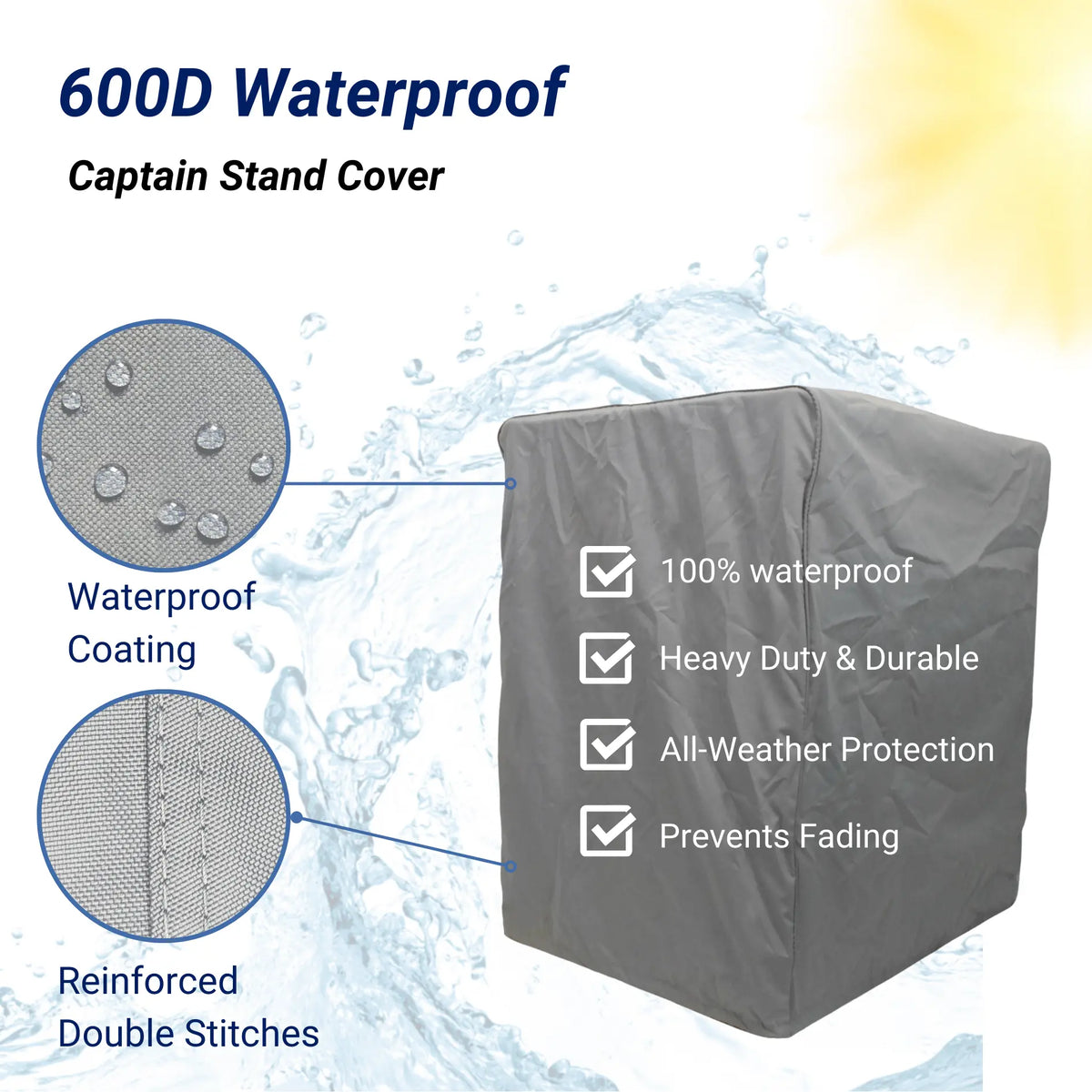 SavvyCraft heavy-duty pontoon boat captain stand cover featuring 100% waterproof 600D fabric, reinforced seams for durability, and UV protection to prevent fading