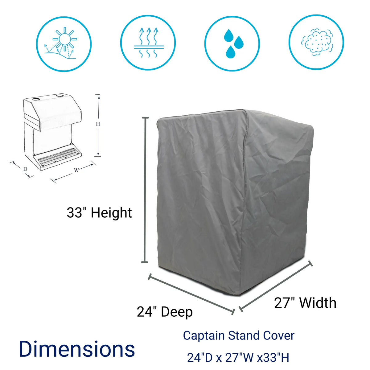 SavvyCraft® waterproof folding boat seat cover showing dimensions 24 inch deep x 27 inch wide x 33 inch high, designed for marine seat protection.