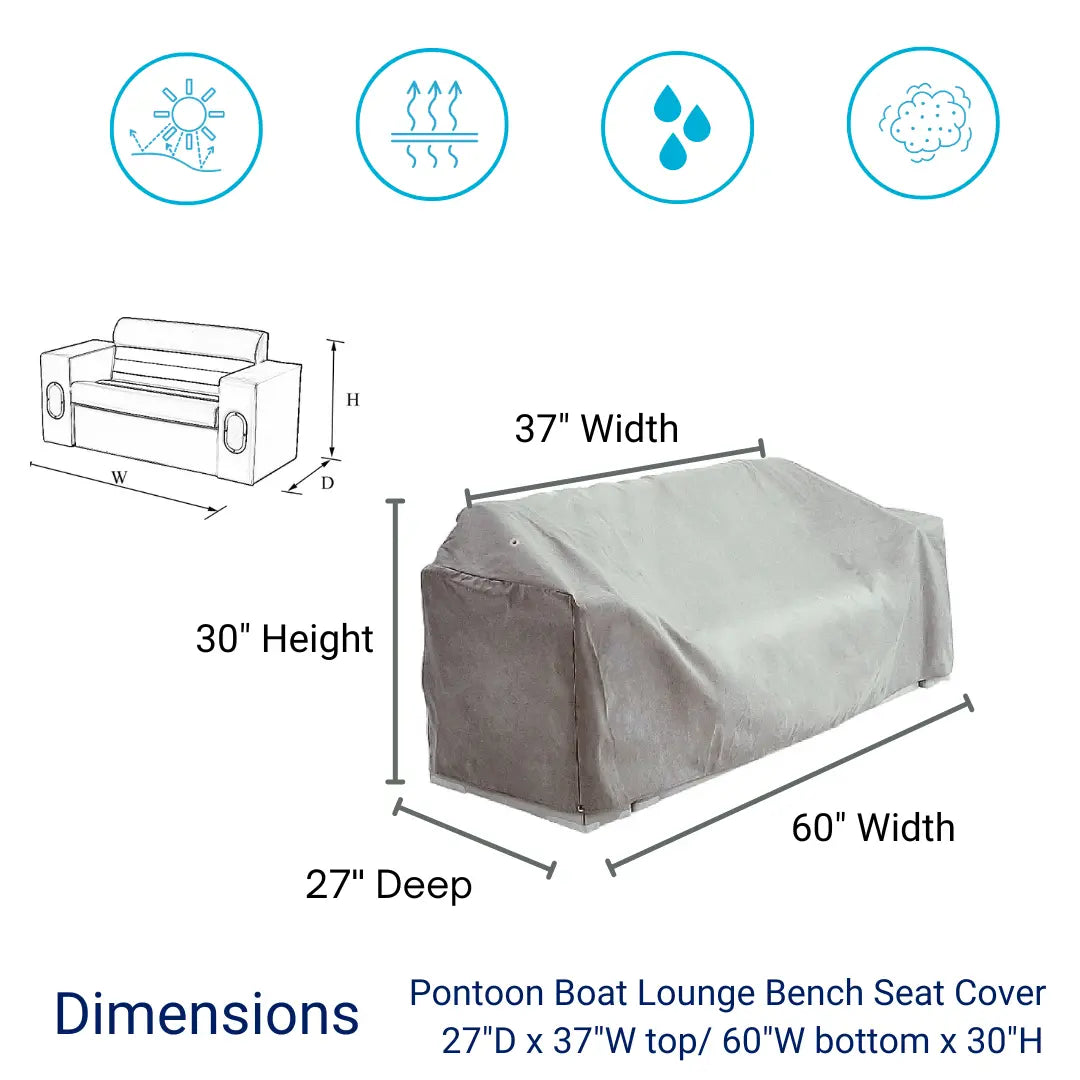 SavvyCraft pontoon boat lounge bench seat cover dimensions - 27 inches deep, 37 inches top width, 60 inches bottom width, and 30 inches height