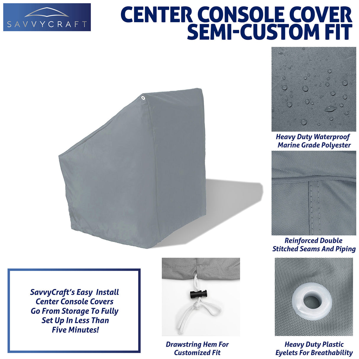 SavvyCraft grey waterproof boat center console cover featuring a drawstring hem for a secure fit and ventilation eyelets to protect marine electronics.