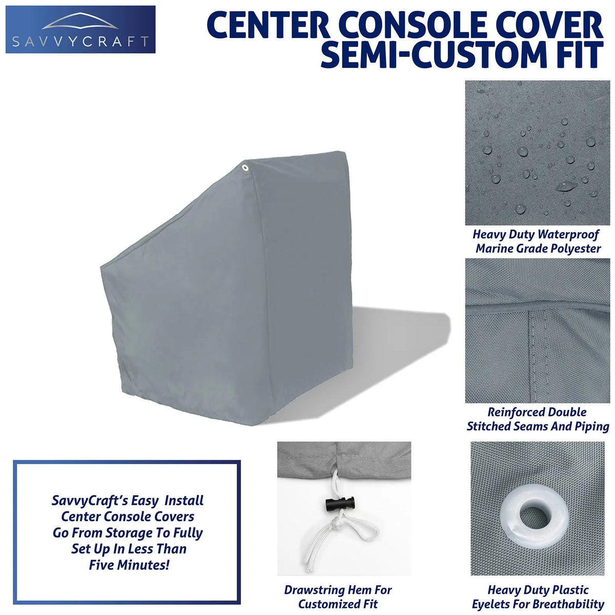 SavvyCraft grey waterproof boat center console cover featuring a drawstring hem for a secure fit and ventilation eyelets to protect marine electronics.