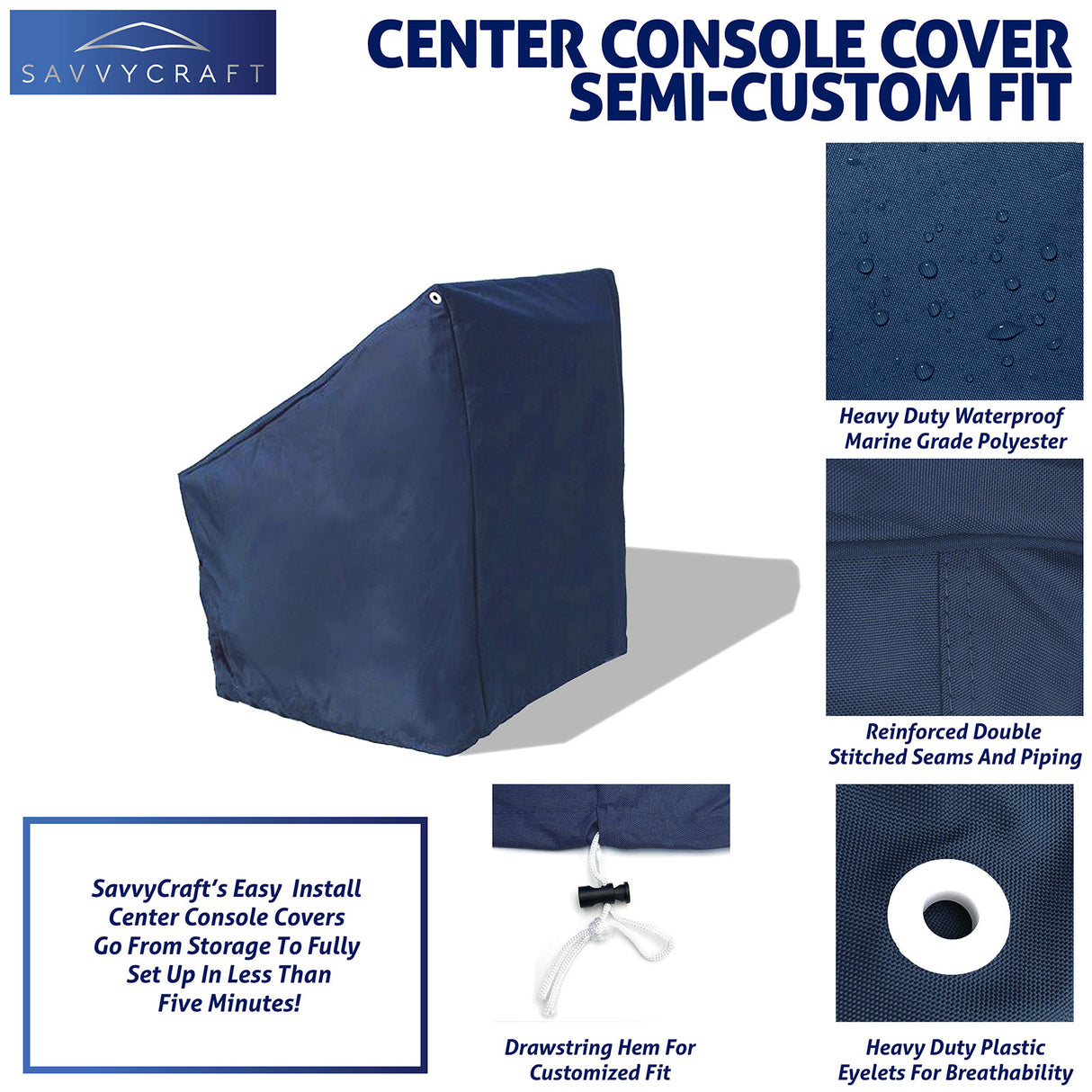 SavvyCraft navy waterproof boat center console cover featuring a drawstring hem for a secure fit and ventilation eyelets to protect marine electronics.