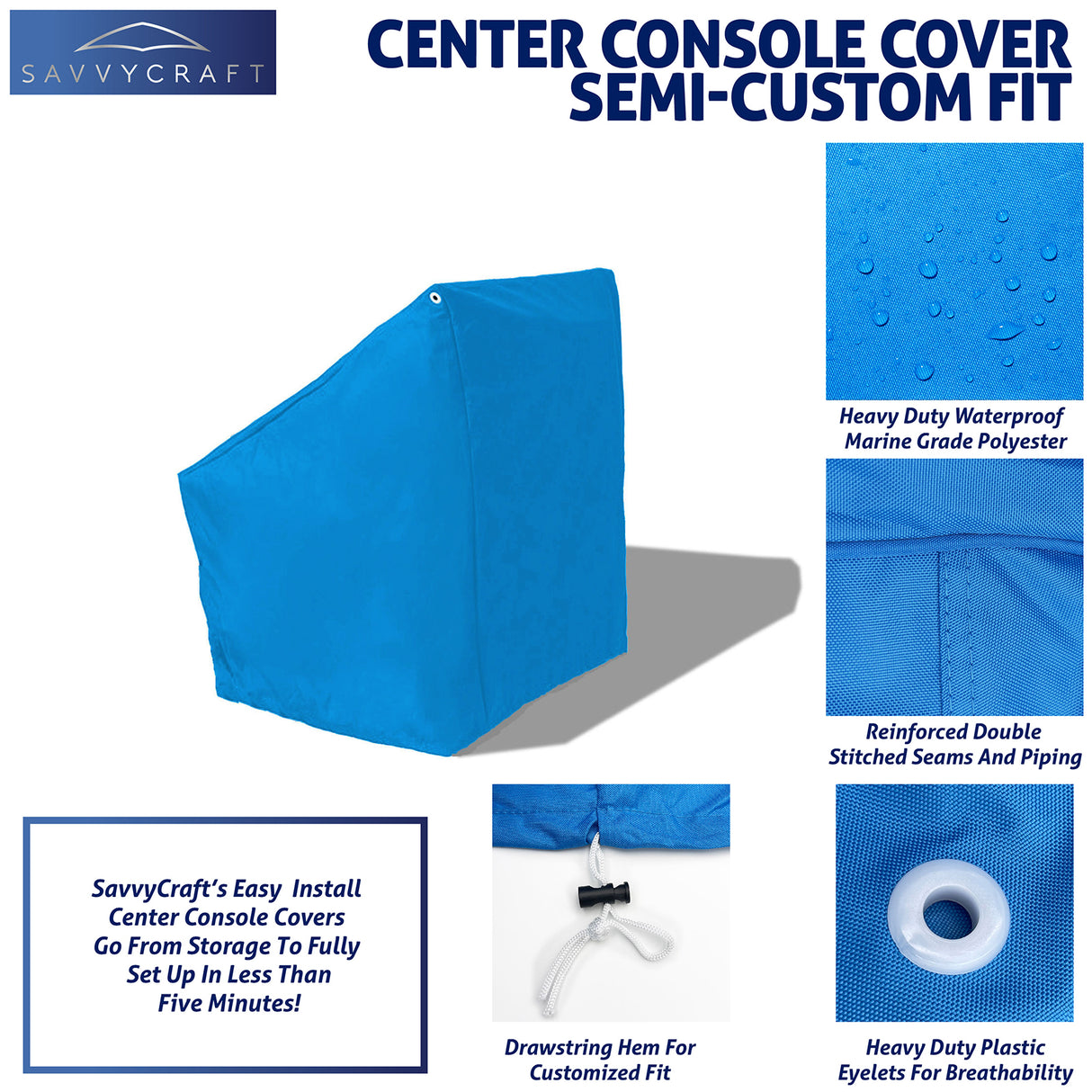 SavvyCraft blue waterproof boat center console cover featuring a drawstring hem for a secure fit and ventilation eyelets to protect marine electronics.