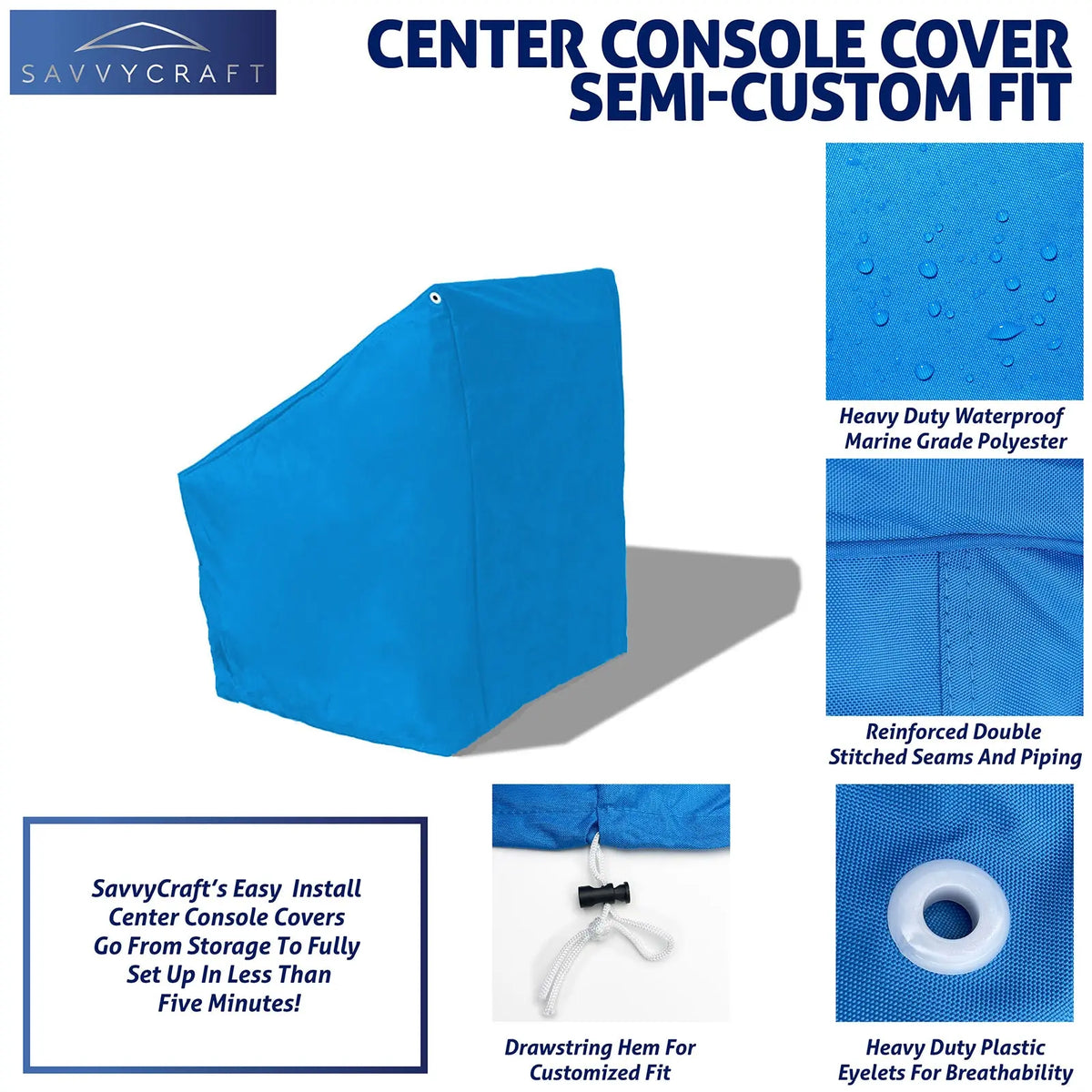 SavvyCraft blue waterproof boat center console cover featuring a drawstring hem for a secure fit and ventilation eyelets to protect marine electronics.