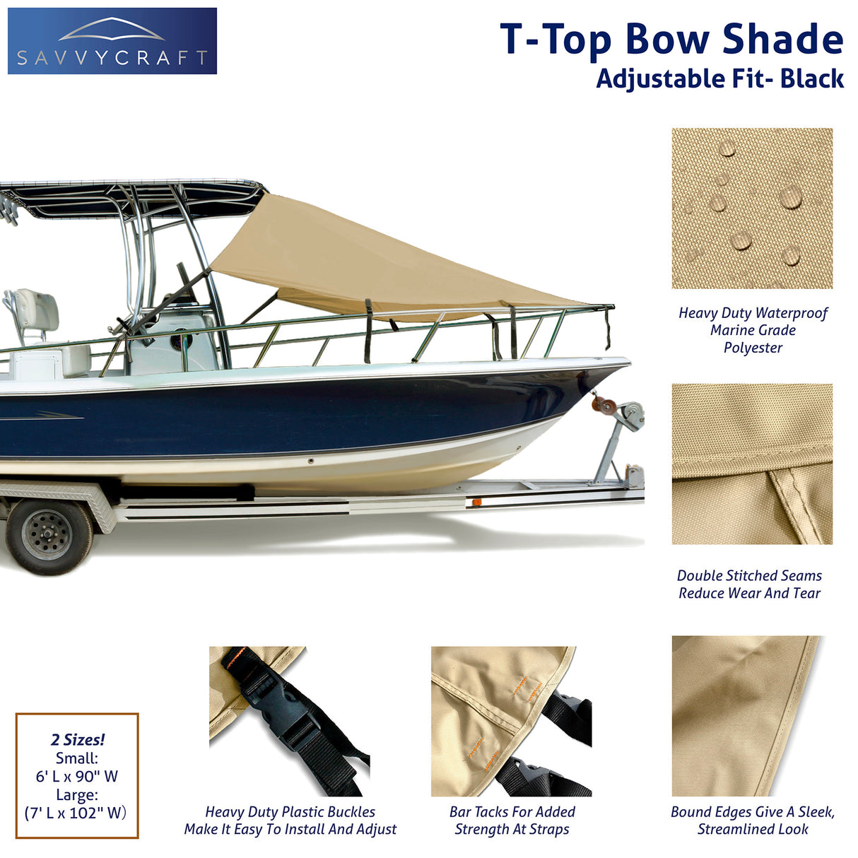 SavvyCraft® T-Top Boat Bow Sun Shade Extension, 600D Marine Grade Polyester UV Protection Canopy