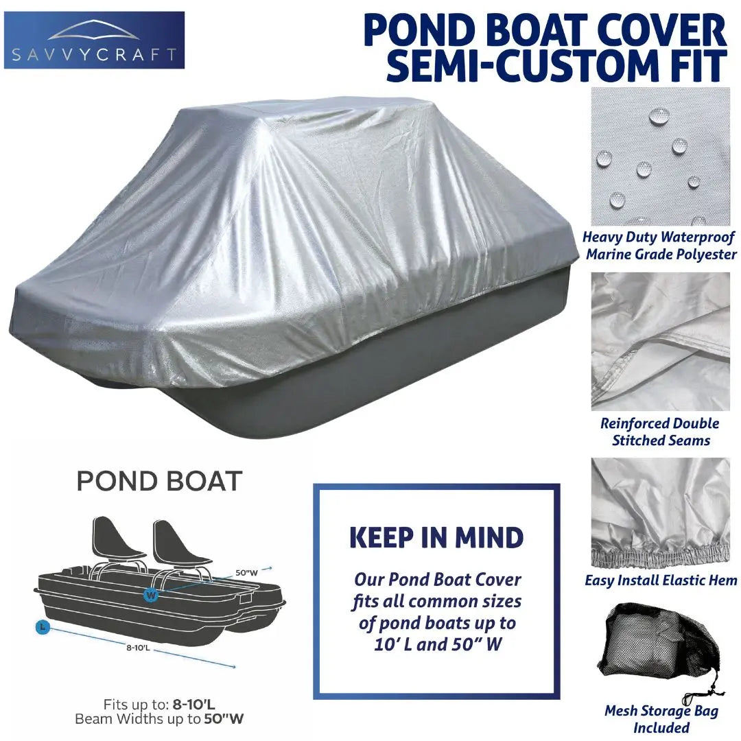 Heavy Duty Waterproof Pond Boat silver Storage Cover Details showing water repellent fabric, double stitched seams, and included mesh storage bag