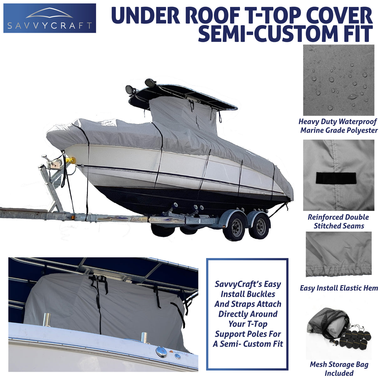 SavvyCraft® Marineshield T-Top / Hard Top Under Roof Boat Covers