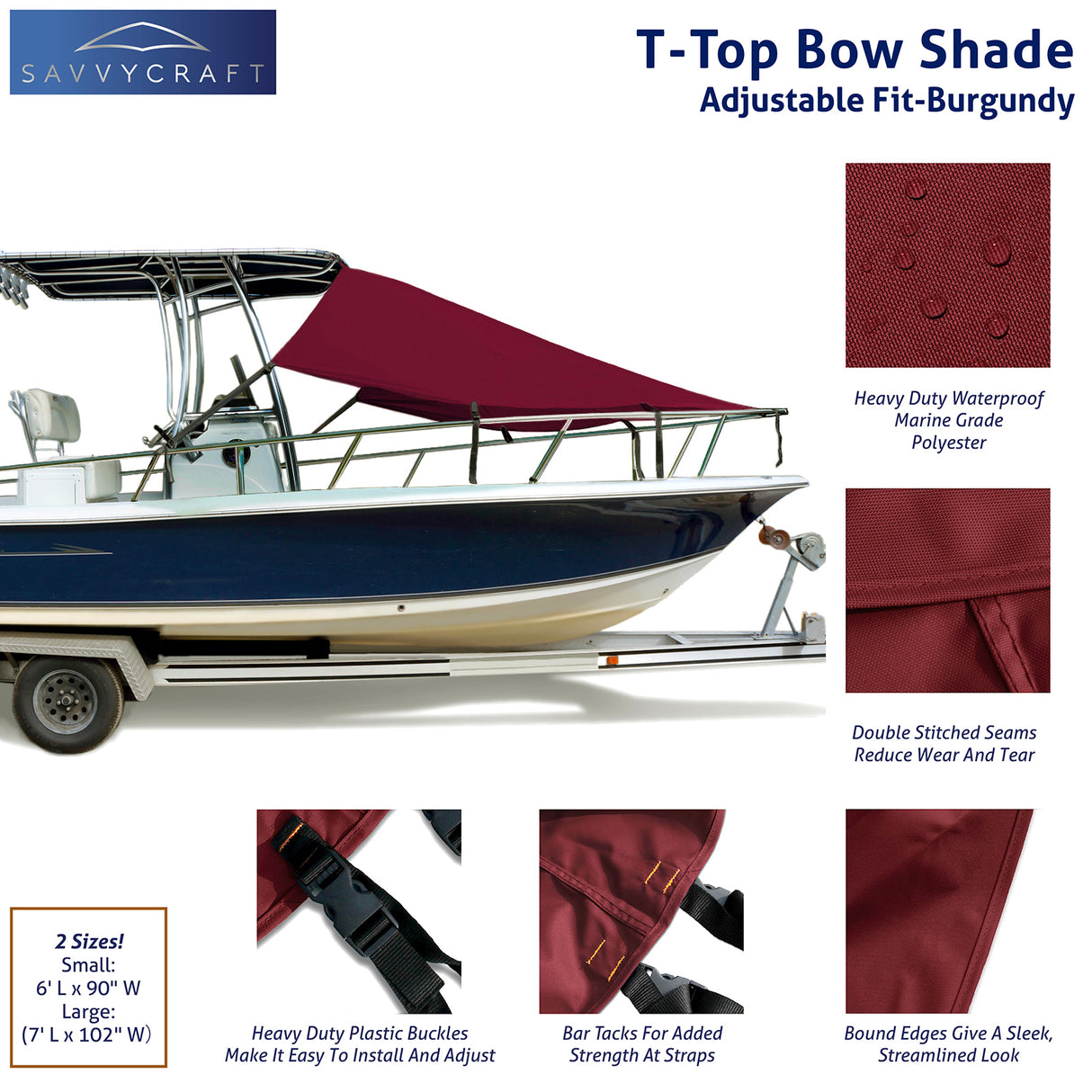 SavvyCraft® T-Top Boat Bow Sun Shade Extension, 600D Marine Grade Polyester UV Protection Canopy