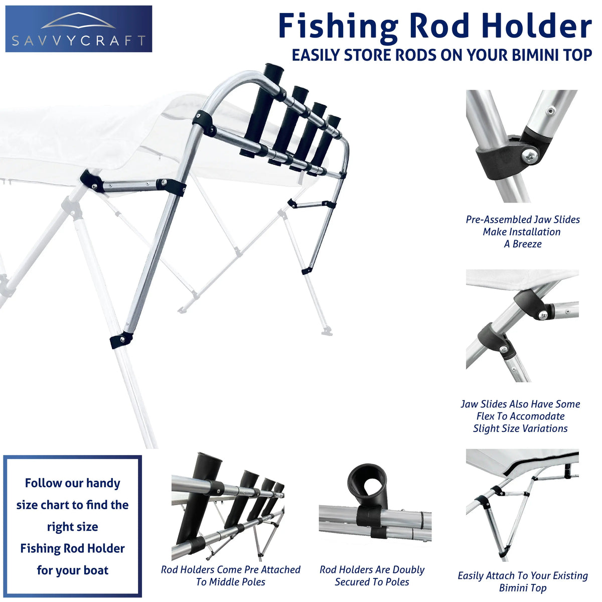 SavvyCraft fishing rod holder mounted on a boat bimini top, featuring pre-assembled jaw slides, secure rod holders, and easy installation on existing frames.