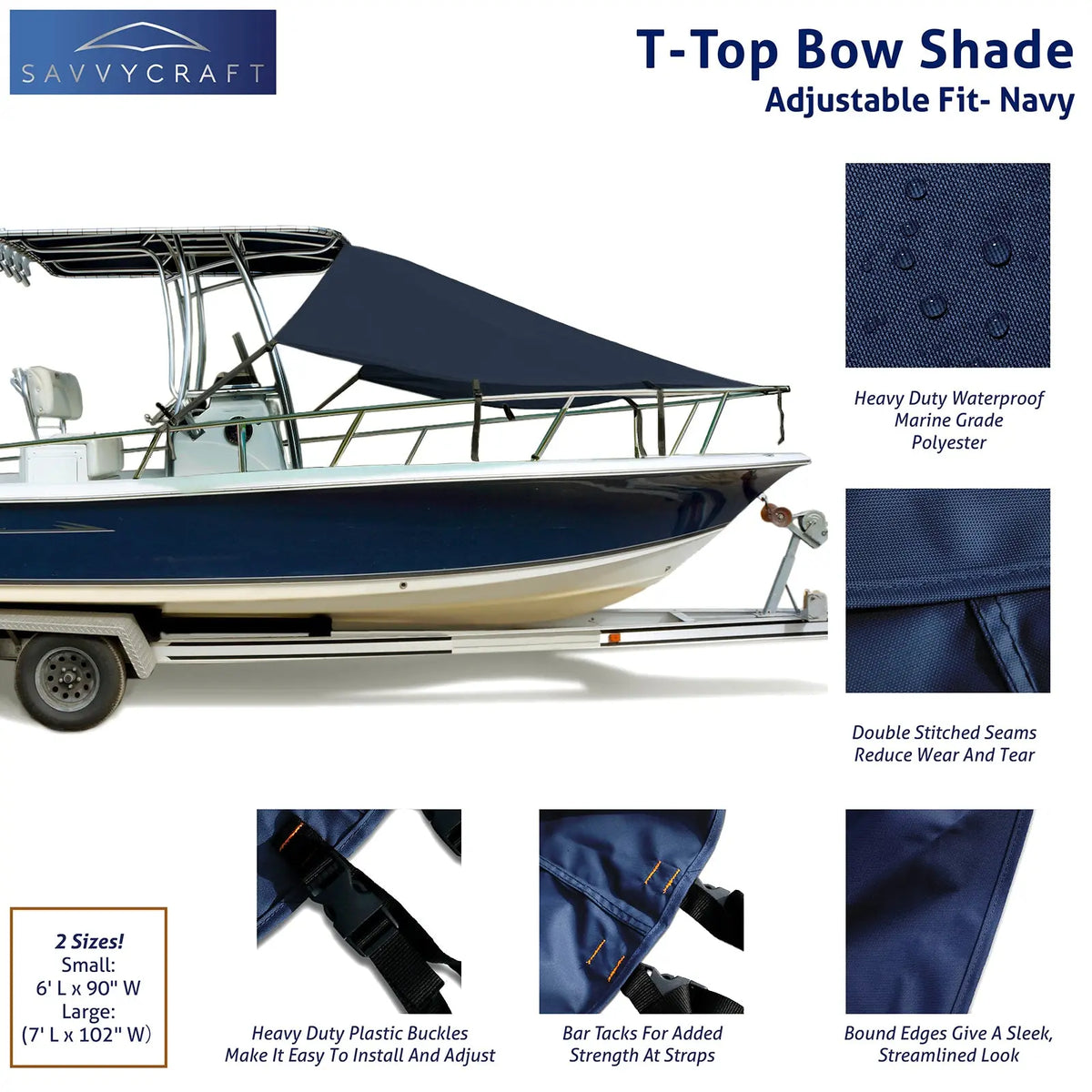 SavvyCraft® T-Top Boat Bow Sun Shade Extension, 600D Marine Grade Polyester UV Protection Canopy SAVVYCRAFT