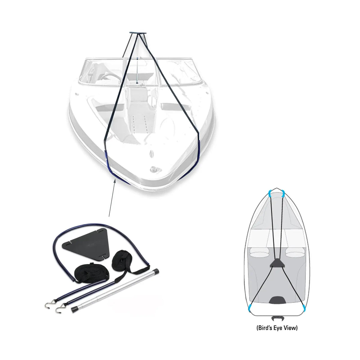 Installation of the Savvycraft boat cover support pole with straps system, showing how the triangular plate and tensioning straps prevent water pooling on a boat cover