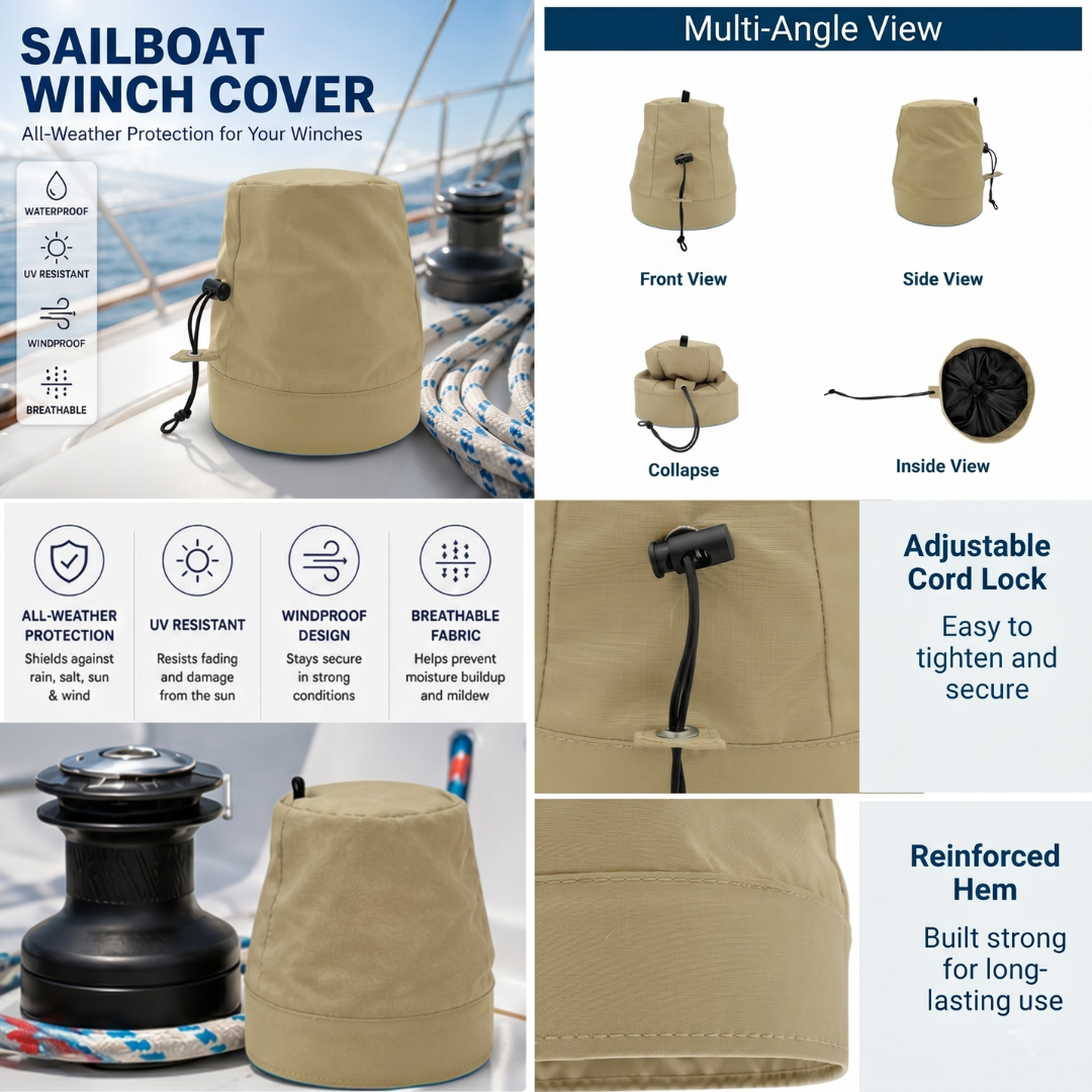 Infographic for a sailboat winch cover showing multi-angle views (front, side, collapsed, inside), key features (all-weather protection, UV resistant, windproof, breathable), and close-ups of the adjustable cord lock and reinforced hem.