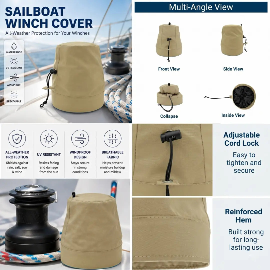 Infographic for a sailboat winch cover showing multi-angle views (front, side, collapsed, inside), key features (all-weather protection, UV resistant, windproof, breathable), and close-ups of the adjustable cord lock and reinforced hem.