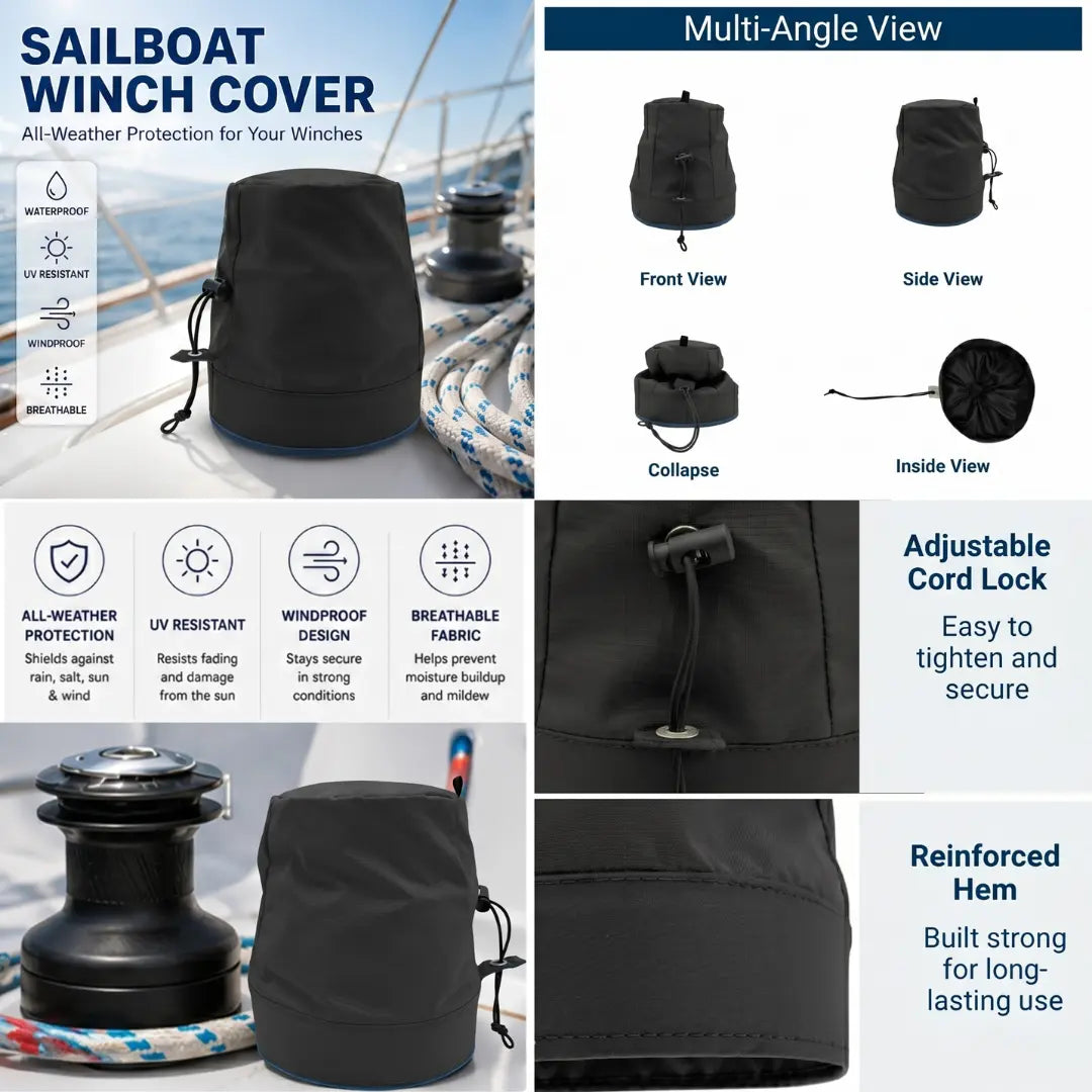Infographic for a sailboat winch cover showing multi-angle views (front, side, collapsed, inside), key features (all-weather protection, UV resistant, windproof, breathable), and close-ups of the adjustable cord lock and reinforced hem.