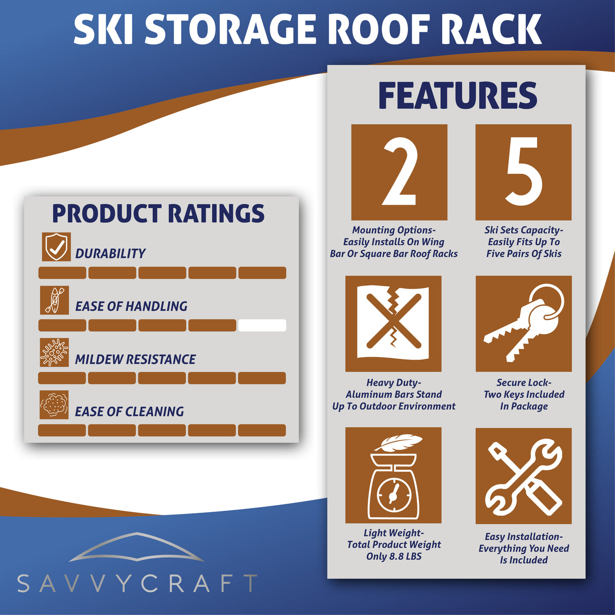 SavvyCraft® Ski and Snowboard Rack for Car Roof Rack