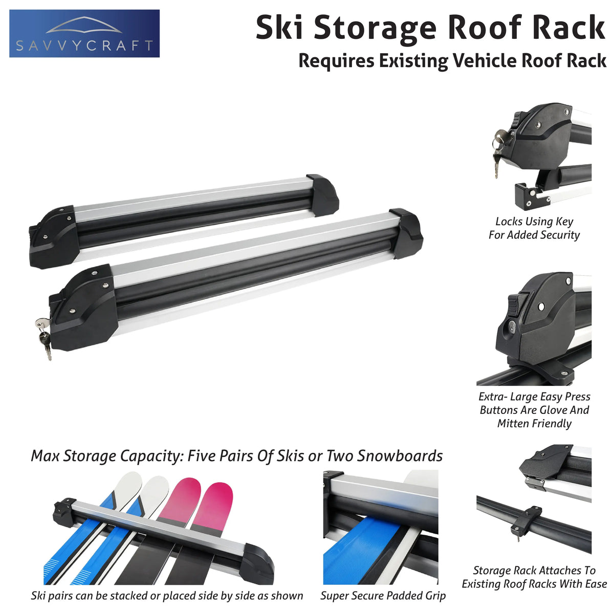 SavvyCraft® Ski and Snowboard Rack for Car Roof Rack SAVVYCRAFT