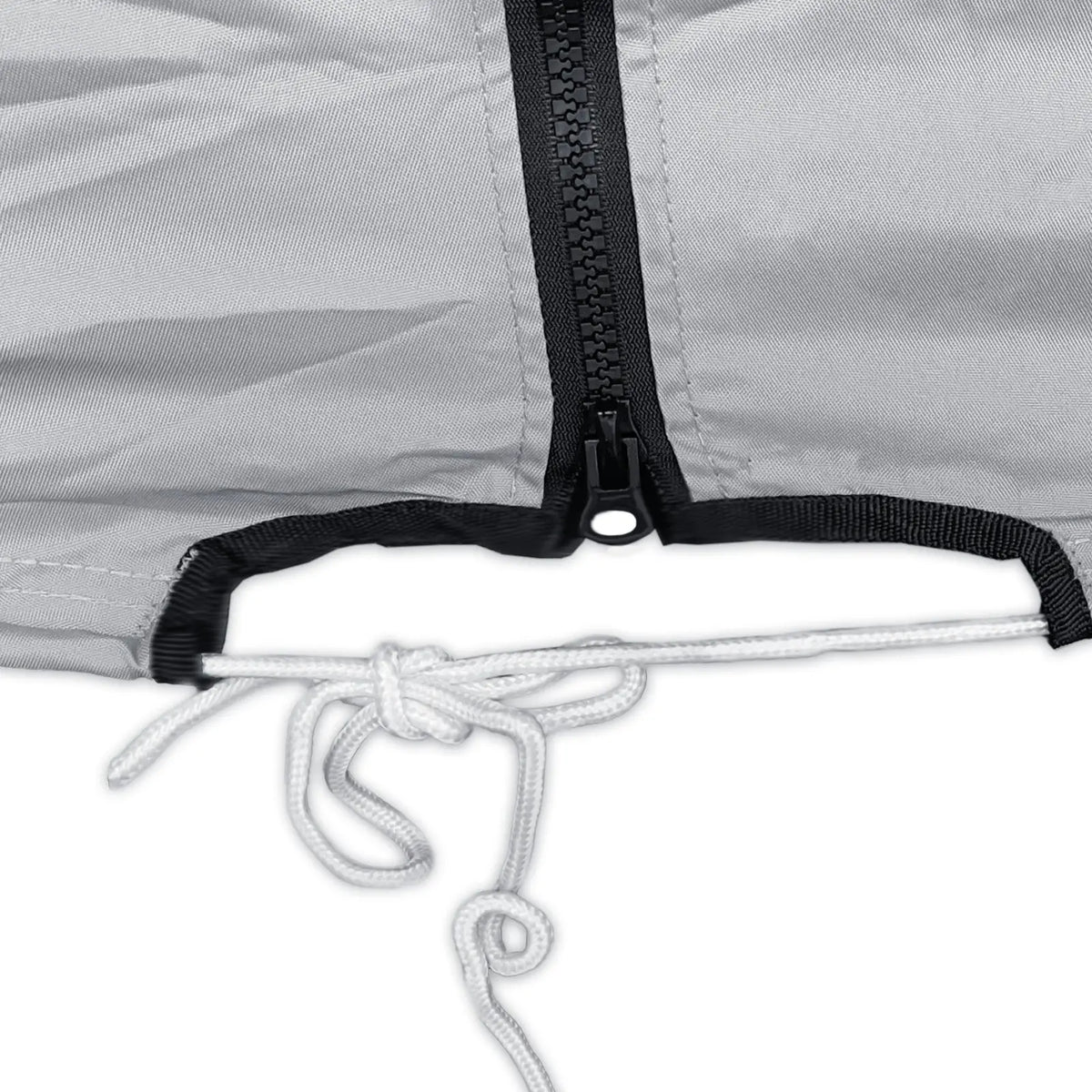 Close-up of heavy-duty black zipper and adjustable white pull cord hem on the SavvyCraft T-top center console cover