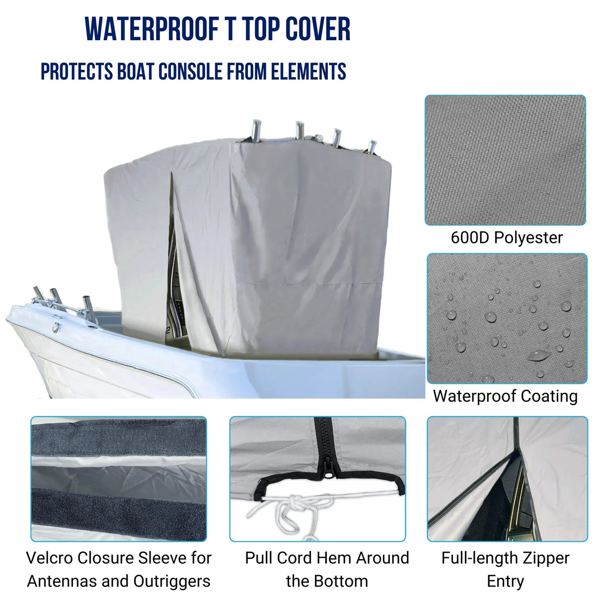 SavvyCraft grey waterproof T-top cover features: 600D marine grade polyester with waterproof coating, velcro closure sleeves for antennas and outriggers, pull cord hem, and a full-length zipper entry.