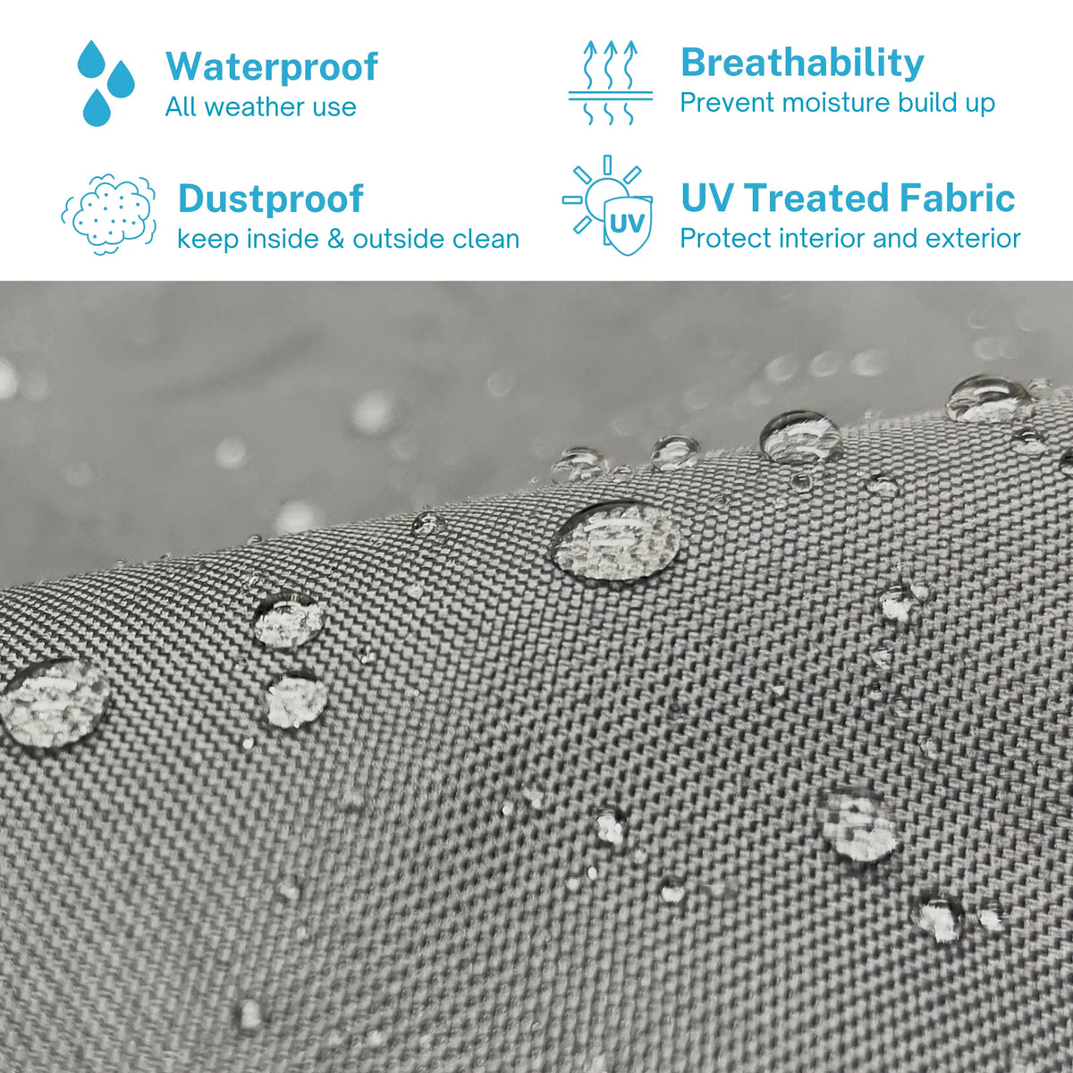 Marine fabric technical graphic demonstrating hydrophobic water resistance, alongside specifications for all-weather use, moisture prevention, and UV protection for boat interiors.
