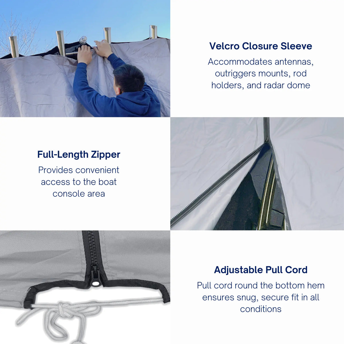 SavvyCraft marine console curtain highlighting key components: heavy-duty Velcro sleeves for outrigger mounts and radar domes, vertical zipper entry, and a bottom hem drawstring.