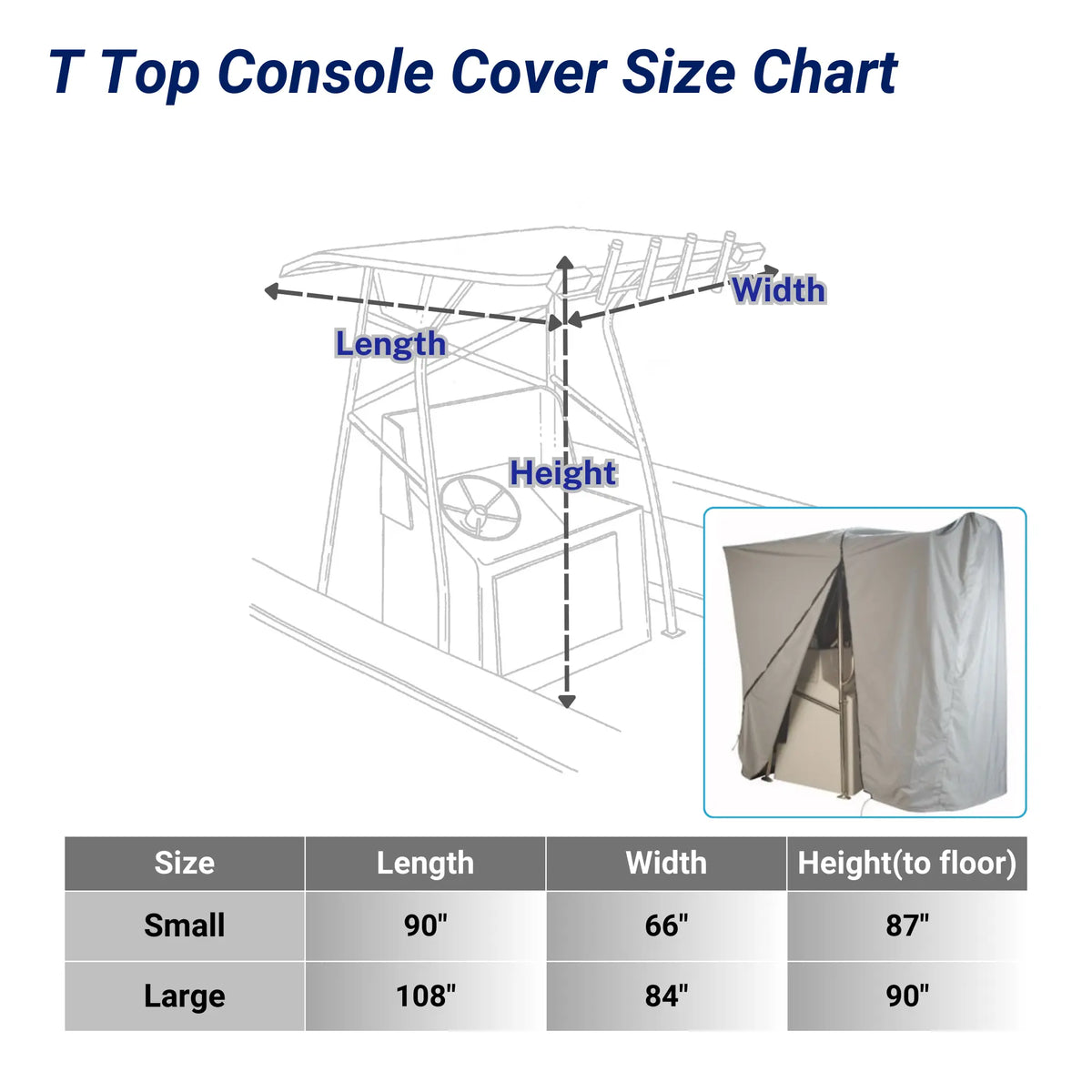 SavvyCraft T-Top console cover size chart displaying dimensions for Small (90"L x 66"W x 87"H) and Large (108"L x 84"W x 90"H) sizes, including a measurement diagram for length, width, and height.