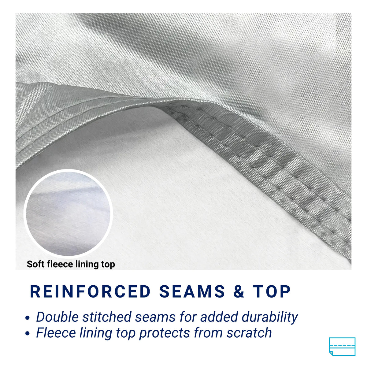 Soft fleece lining on the RV cover’s top section, featuring reinforced seams for enhanced durability and paint protection.