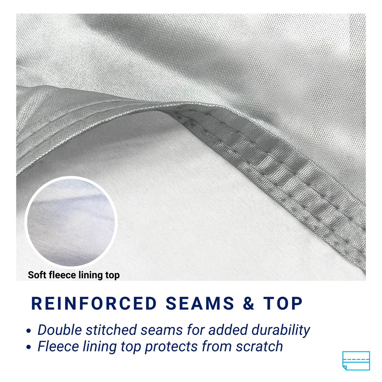 Soft fleece lining on the RV cover’s top section, featuring reinforced seams for enhanced durability and paint protection.