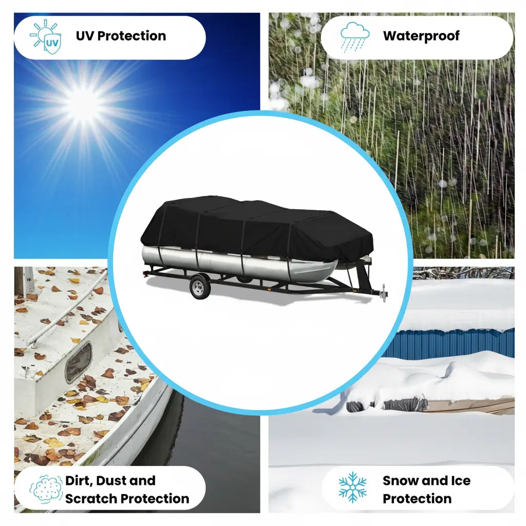 A boat cover on a trailer shown in a feature collage with labeled panels for UV protection, waterproofing, dirt/dust/scratch protection, and snow and ice protection.