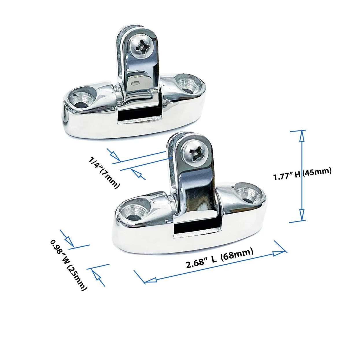Two stainless steel hardware deck hinge swivel mounts with dimensions of 2.68" length, 0.98" width, and 1.77" height.