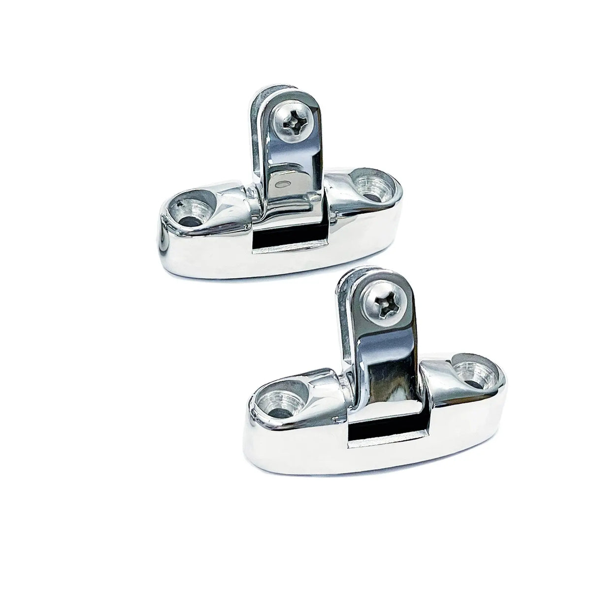 Two steel hardware deck hinge swivel mounts.