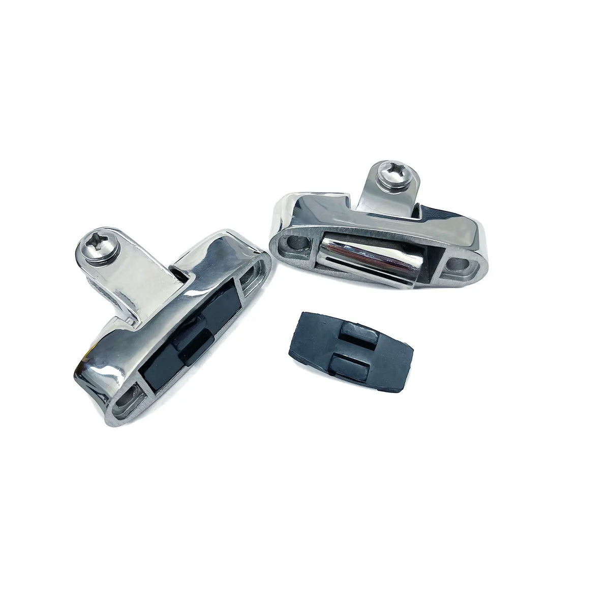 Two stainless steel hardware deck hinge swivel mounts with rubber padding on bottom to reduce vibration and prevent surface damage during installation.