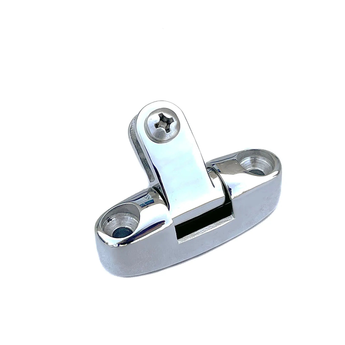 Close up of singular heavy duty stainless steel deck hinge swivel mount with 180 degree rotation.