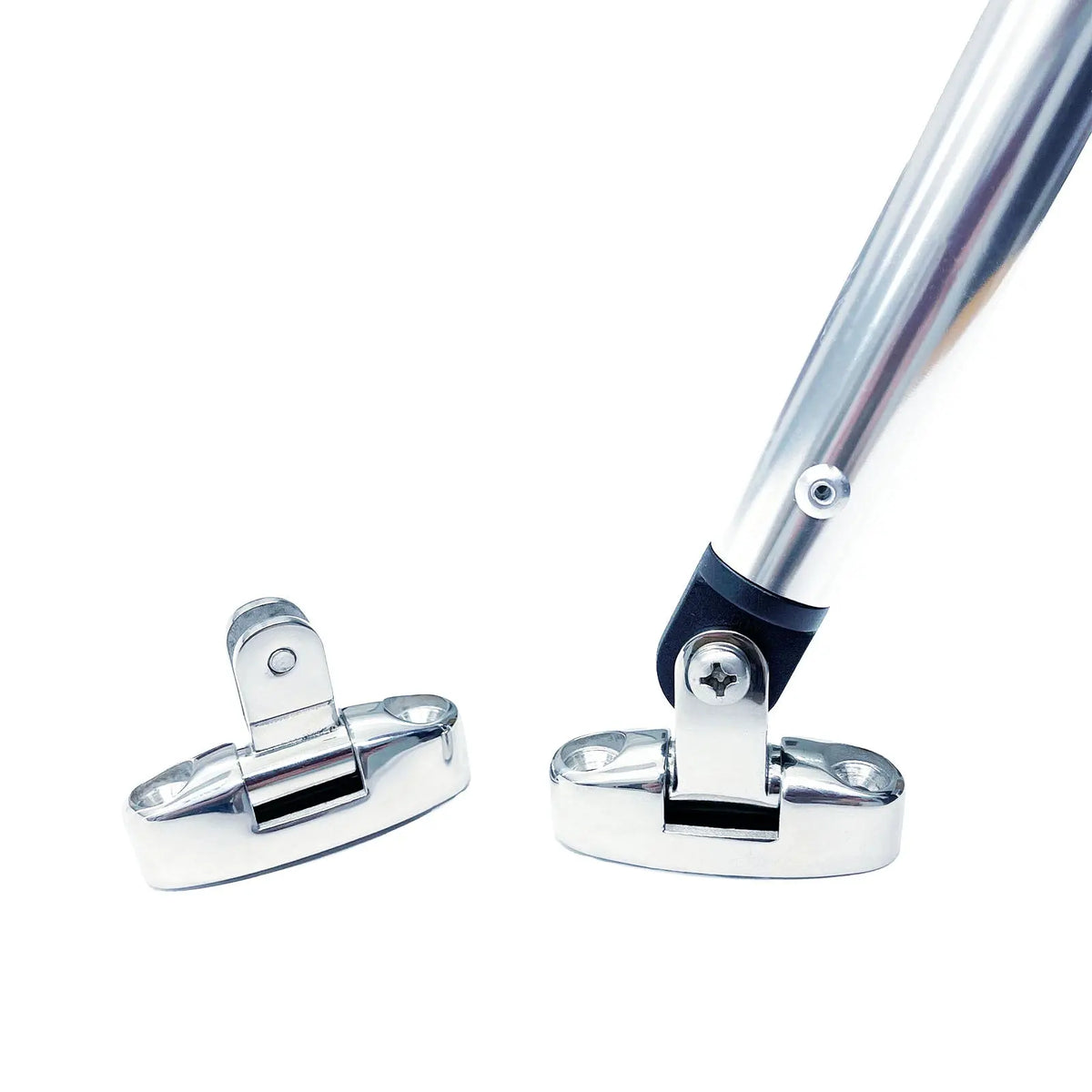Two hardware deck hinge swivel mounts with one attached to a bimini top pole.