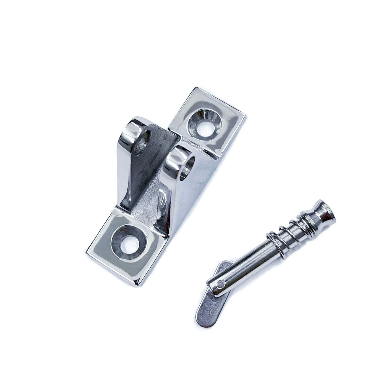 Top view of single stainless steel deck hinge with convenient quick release pin on side.