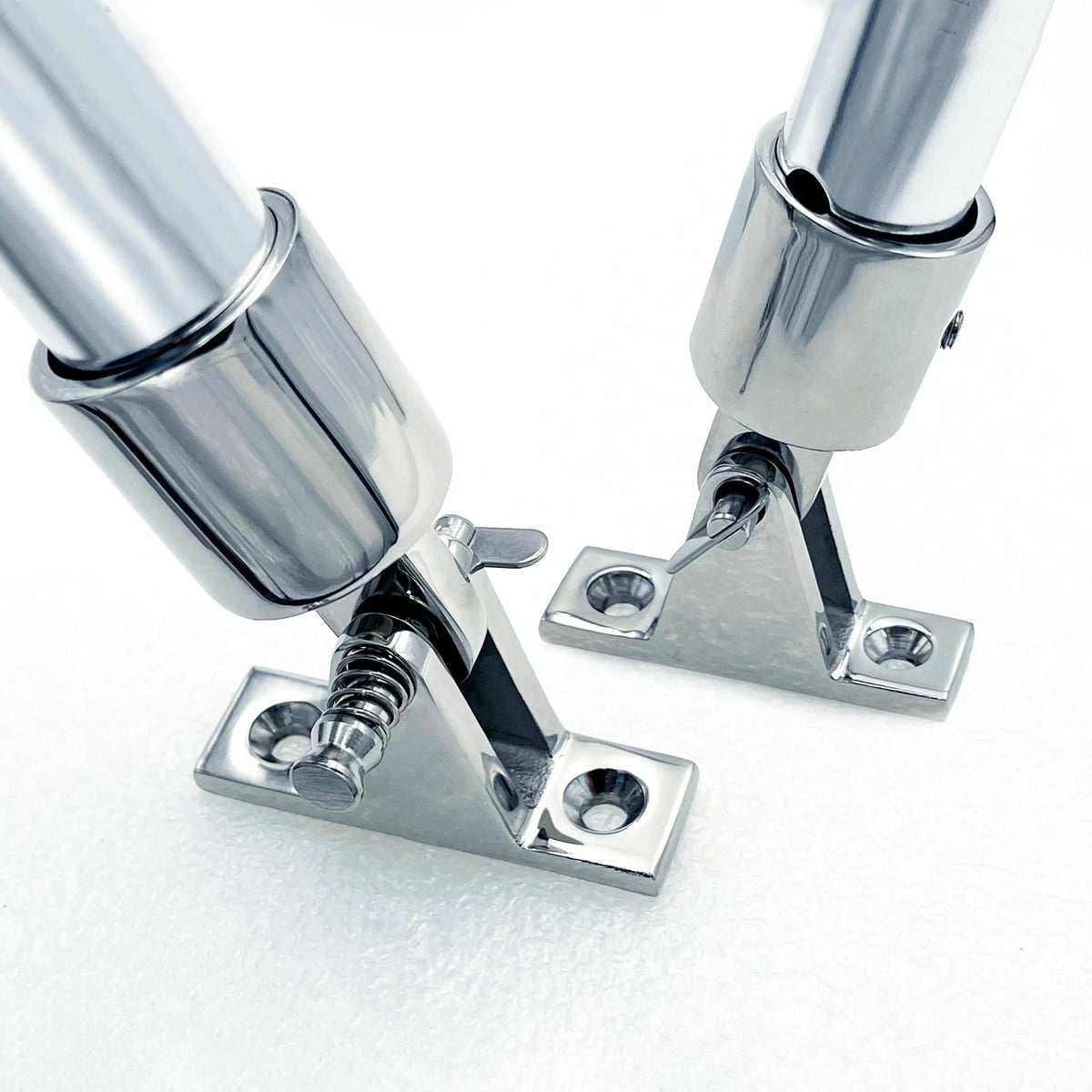 Two stainless steel fitting hardware eye end top cap installed onto bimini poles and mounts.