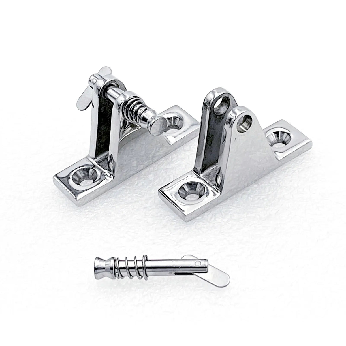 Two stainless steel deck hinge with one quick release pin installed and the other pin on the side.