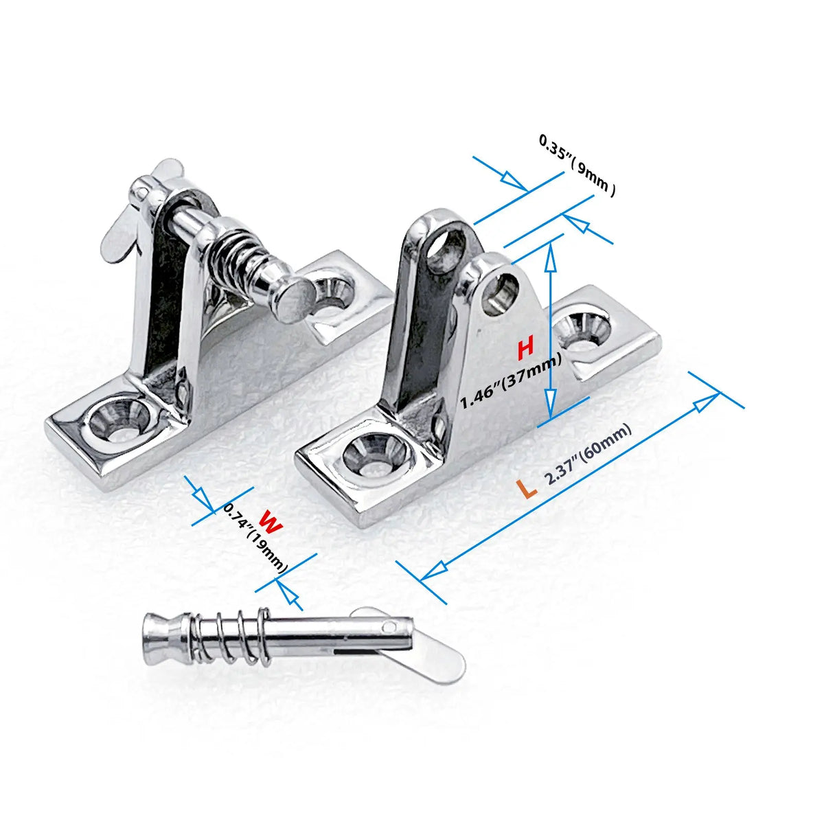 Two stainless steel deck hinges with release pins and dimensions of 2.37" length, 0.74" width, 1.46" height, and 1.58" hole spacing.