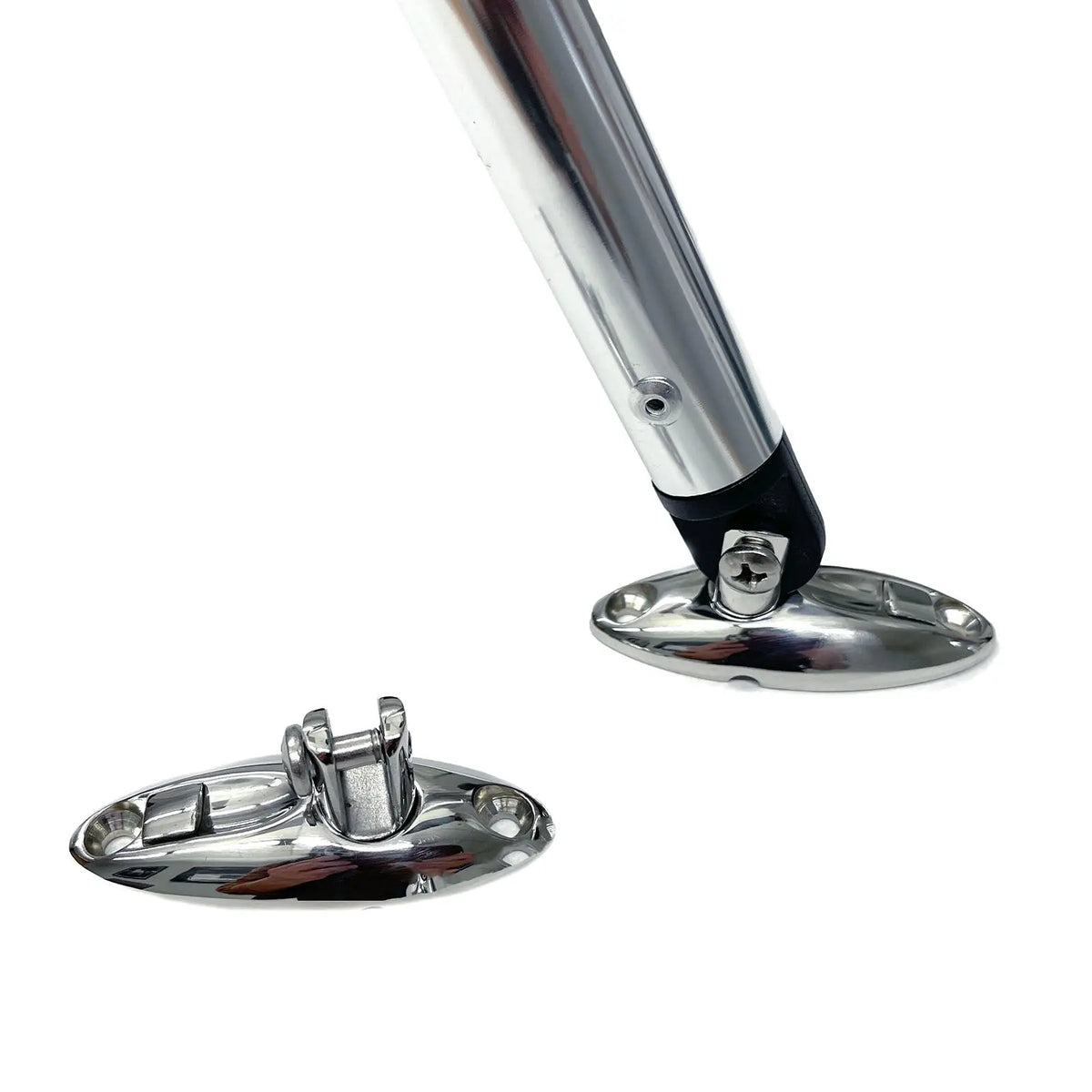Stainless steel quick release swivel hinge deck side mounts connected to bimini top pole.