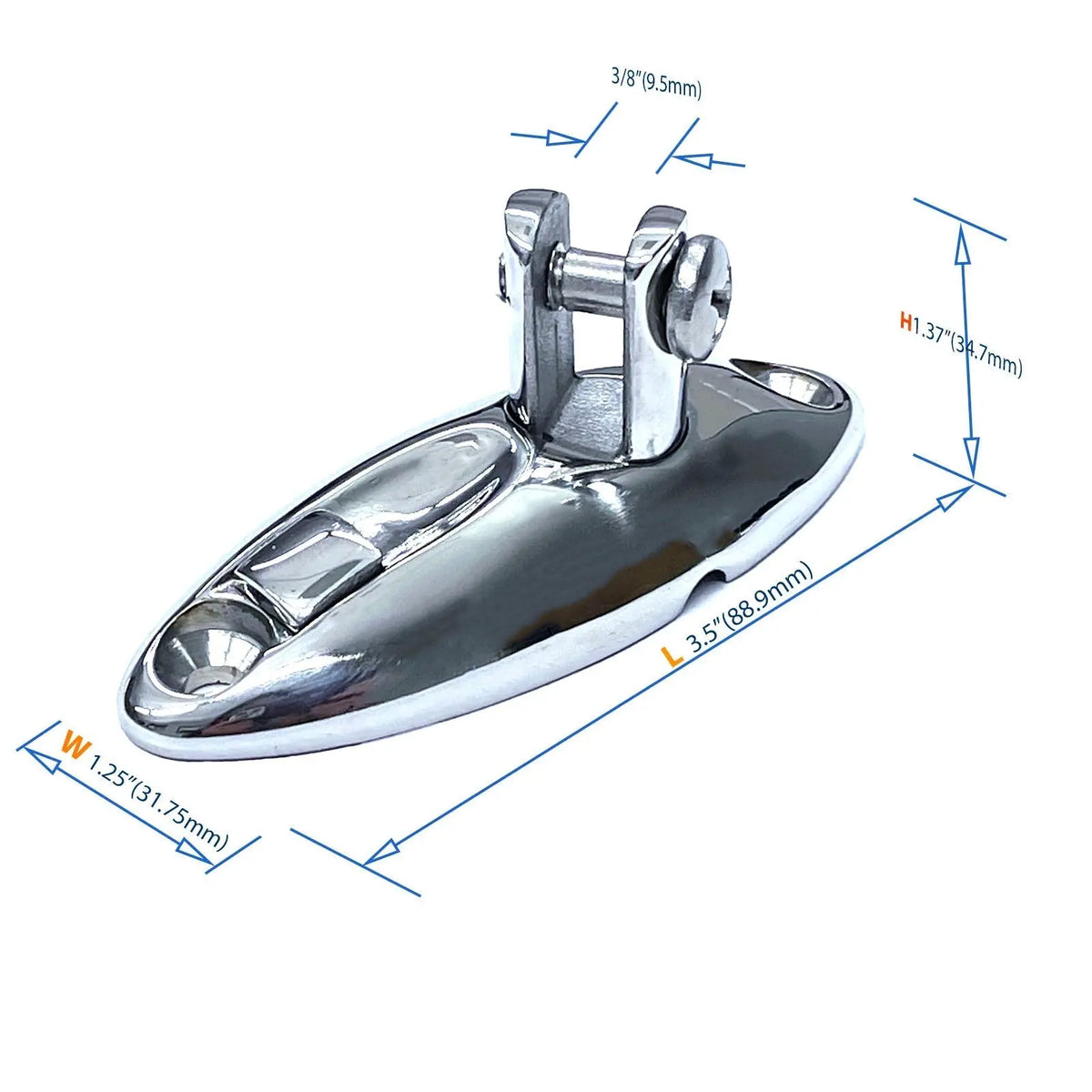 Single stainless steel quick release swivel hinge deck side mount with dimensions of 3.5" length, 1.25" width, and 1.37" height.