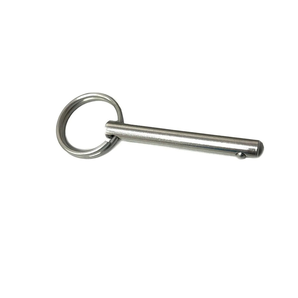 Single stainless steel hardware quick release ball pins with cylindrical shafts and circular ends on a white background.