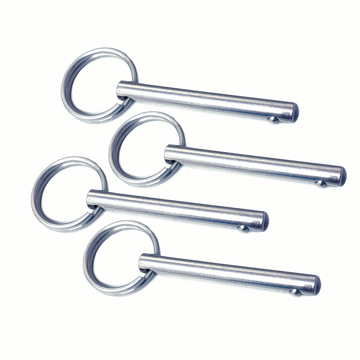 Four stainless steel hardware quick release ball pins with cylindrical shafts and circular ends on a white background.