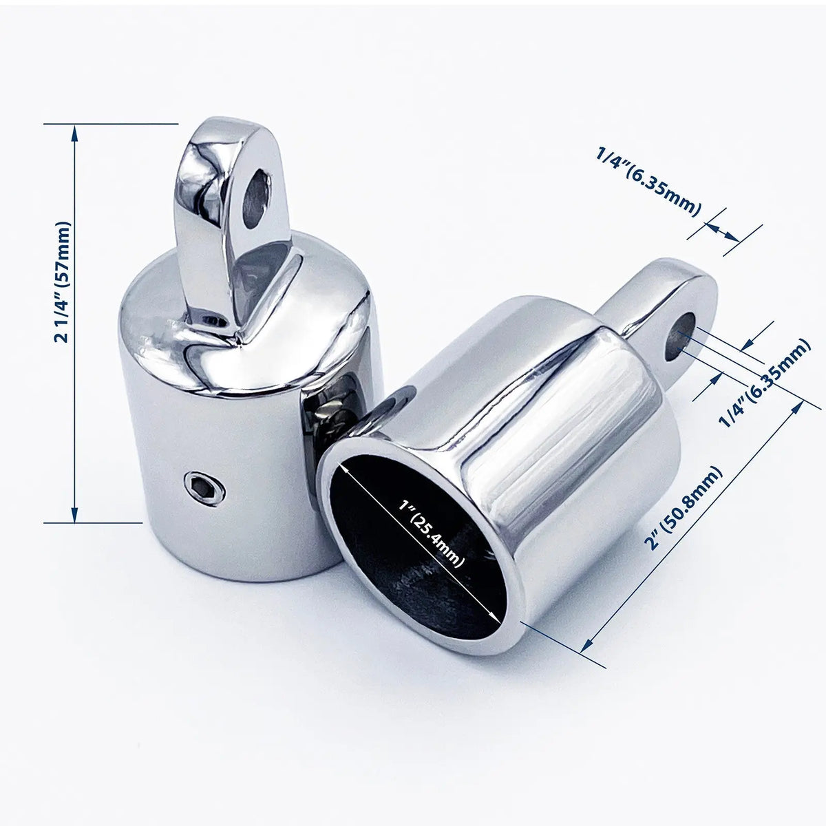 Two stainless steel fitting hardware eye end top caps with dimensions of 2 1/4" height and 1" diameter.