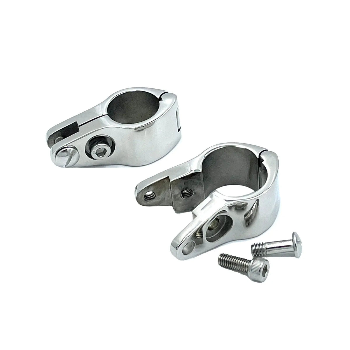 One hinged jaw slide rail mount with screws attached and an open hinged jaw slide rail mount with screws not attached.
